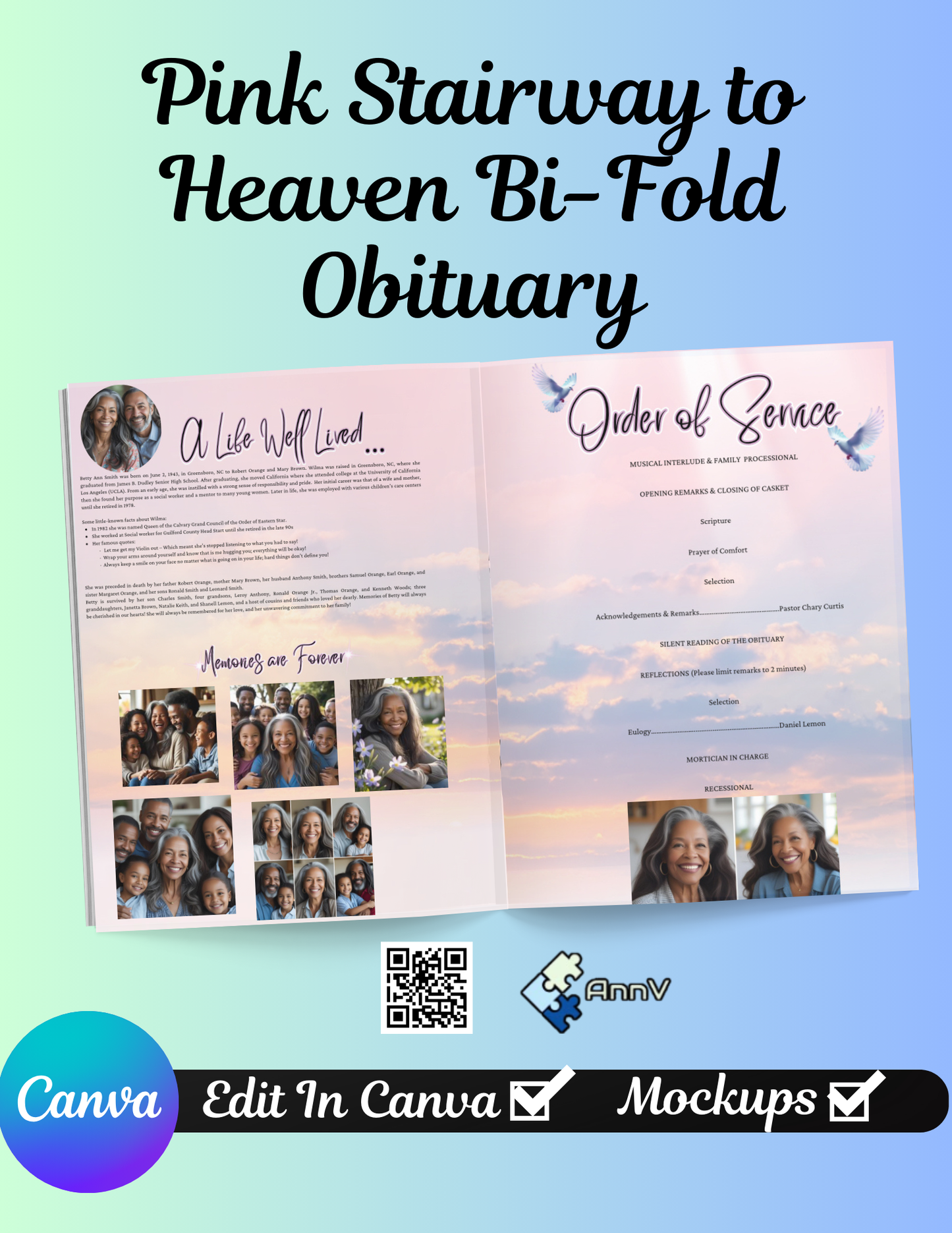 Pink Stairway to Heaven Bi-Fold Obituary Template (11x8.5”)
