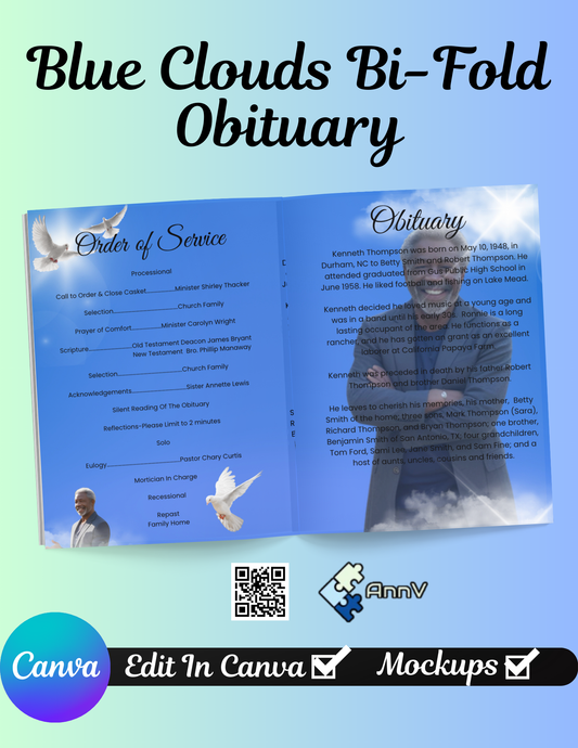 Blue Clouds Bi-Fold Obituary Template (11x8.5”)