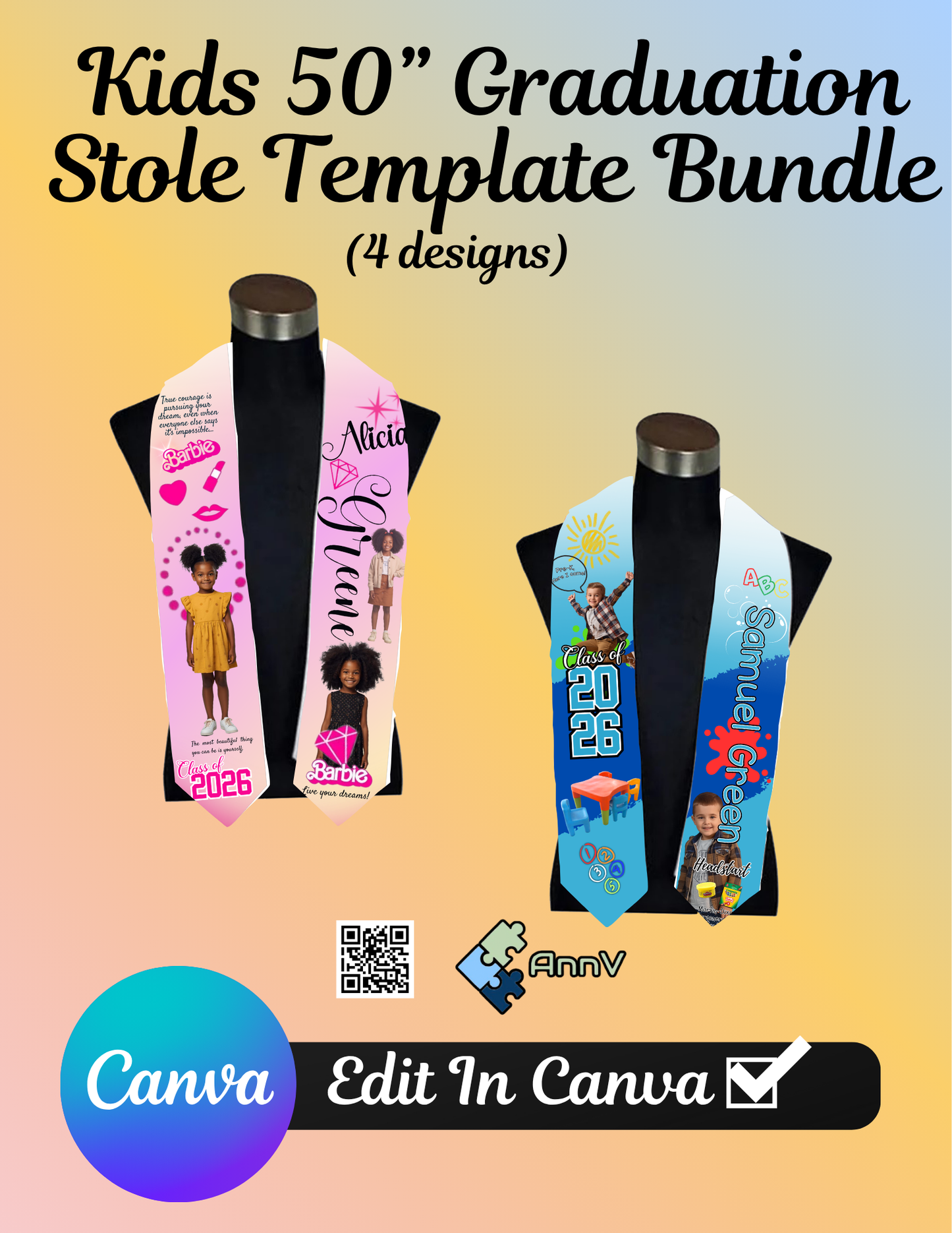Kids 50” Graduation Stole Template Bundle