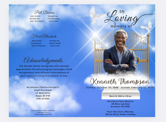 Blue Clouds Bi-Fold Obituary Template (11x8.5”)
